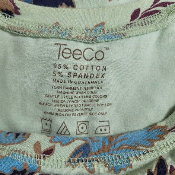 TeeCo Mint Green Floral Print Top Size Large Short Sleeve Cotton Stretch Tee - Picture 6 of 6